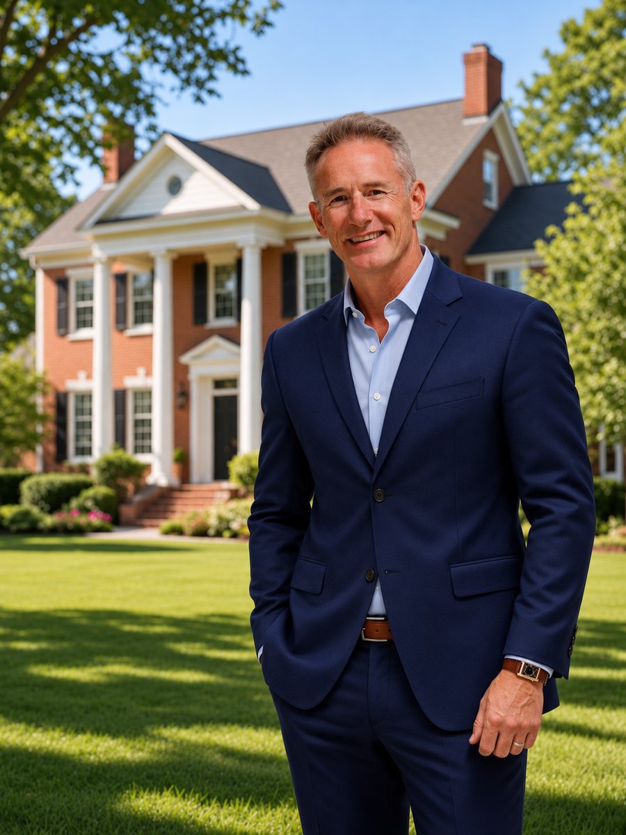 Chris Ognek, Broker/Owner of Q Real Estate, in a navy suit in front of a brick colonial home